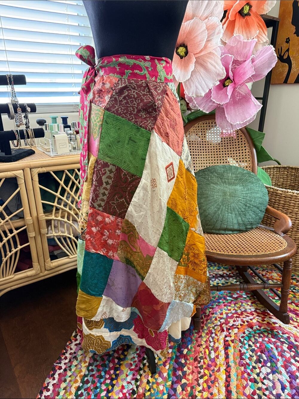 Vintage 100% Silk Reversible Patchwork Floral Boho Hippie Wrap Midi Maxi Skirt
